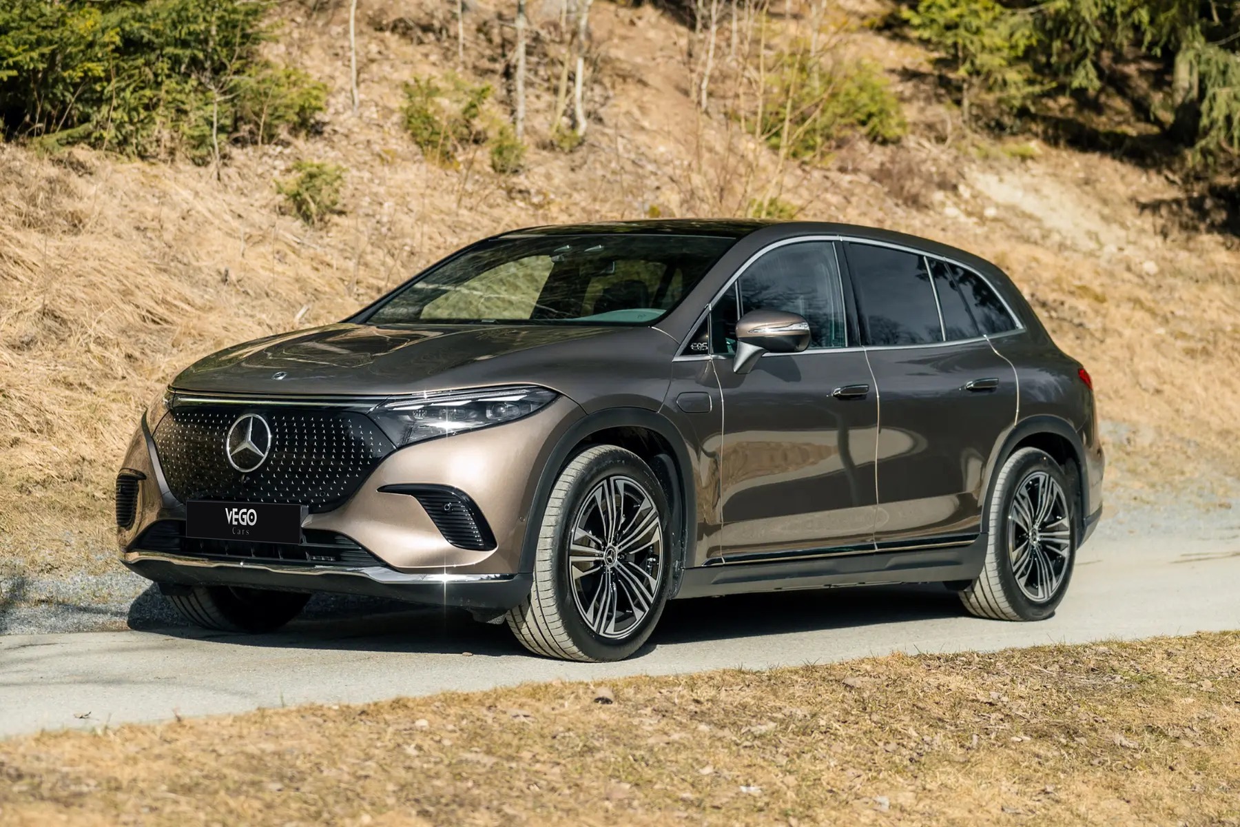 Brun Mercedes-Benz EQS SUV med BILLE-nummerplade